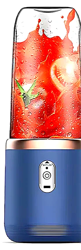 Nomad 400 portable blender in midnight blue, filled with strawberry